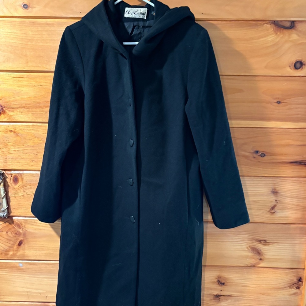 Oleg Cassini Vintage Black 100% Wool Hooded Overcoat Mid-Length Made‎ in USA
